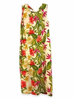 Women's Tropical Floral Maxi Swim Cover-Up Dress - Cream with Pink & Green